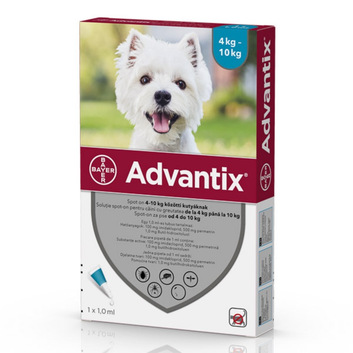 ADVANTIX, deparazitare externă câini, pipetă repelentă ADVANTIX 100, deparazitare externă câini, pipetă repelentă, S(4 - 10kg), 1buc