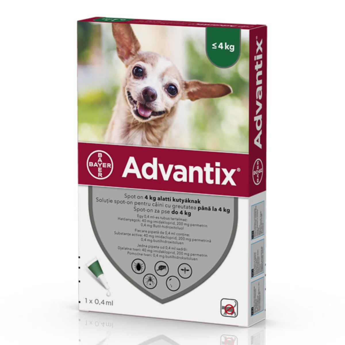 ADVANTIX, deparazitare externă câini, pipetă repelentă ADVANTIX 40, deparazitare externă câini, pipetă repelentă, XS(1.5 - 4kg), 1buc - 1 | YEO