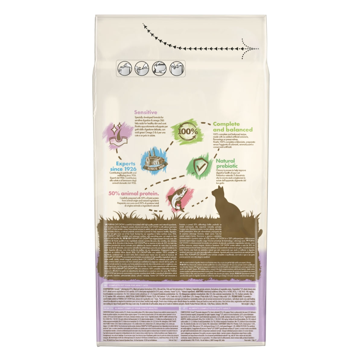 PURINA Cat Chow Sensitive, Somon, hrană uscată pentru pisici, sensibilități digestive, 1.5kg