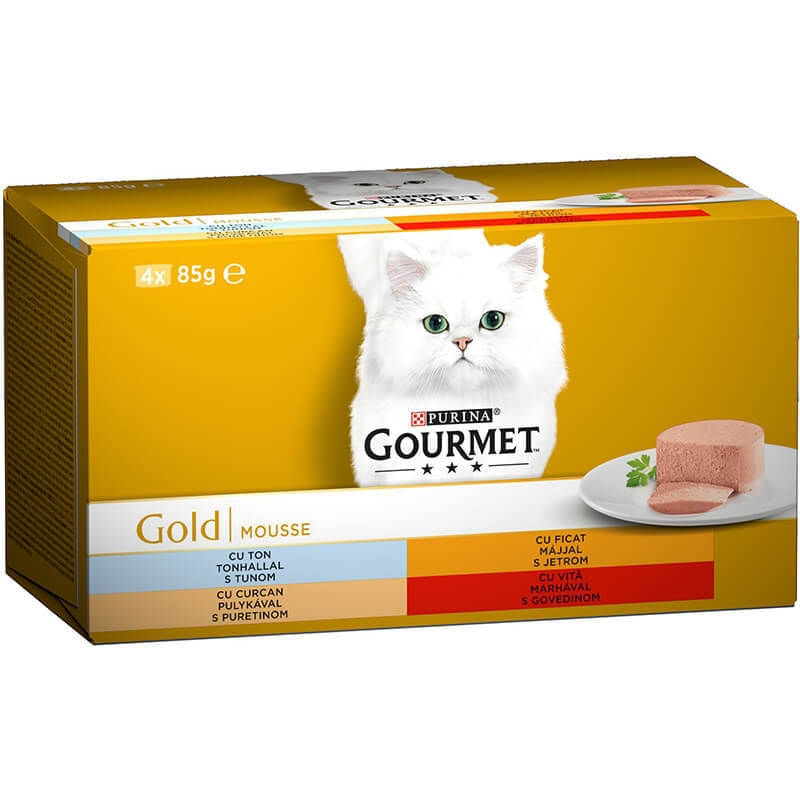 PURINA Gourmet Gold Mousse, 4 arome (Vită, Curcan, Ficat, Ton), pachet mixt, conservă hrană umedă pisici, (pate), 85g x 4 - 1 | YEO