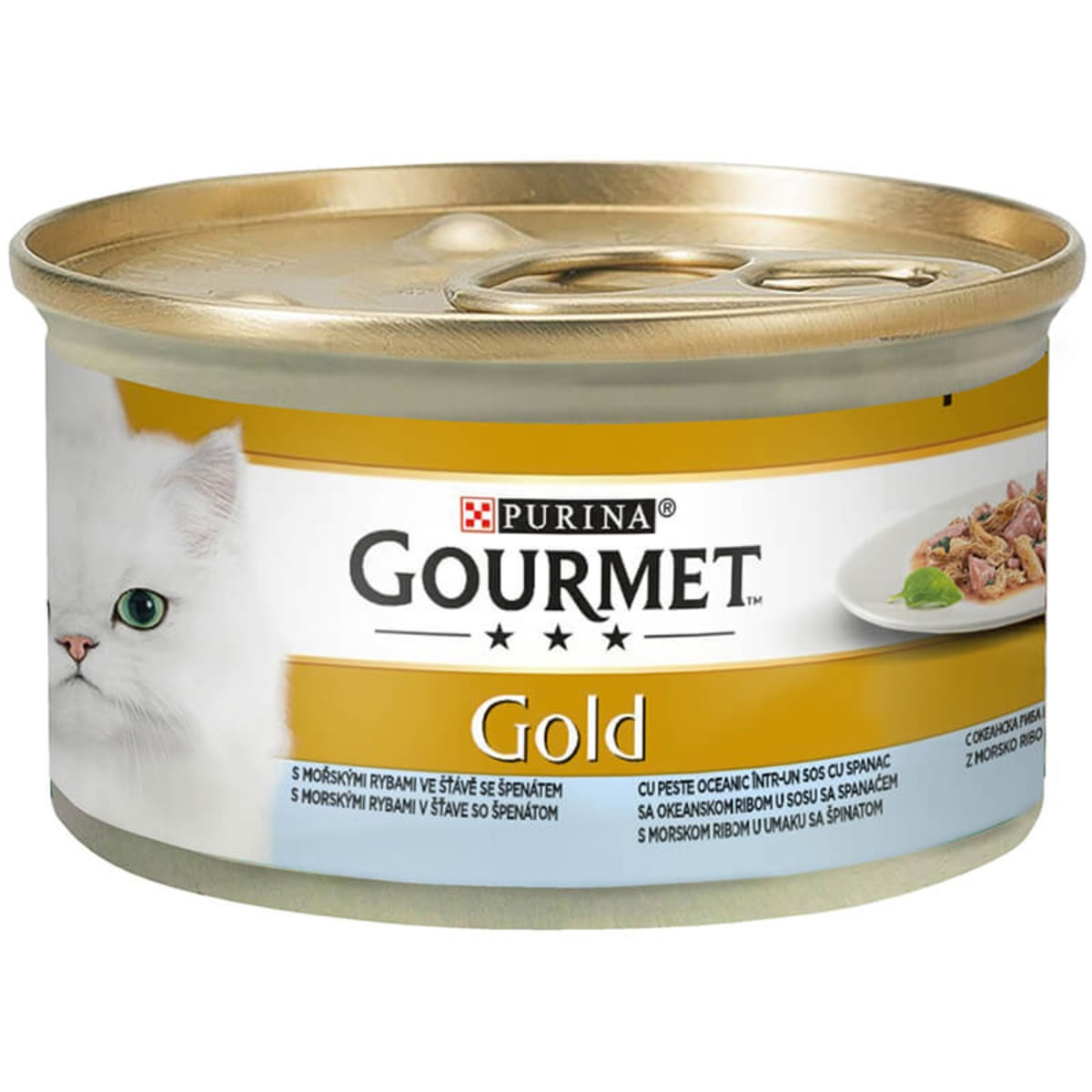 PURINA Gourmet Gold Double Pleasure, Pește oceanic cu Spanac, conservă hrană umedă pisici, (în sos), 85g