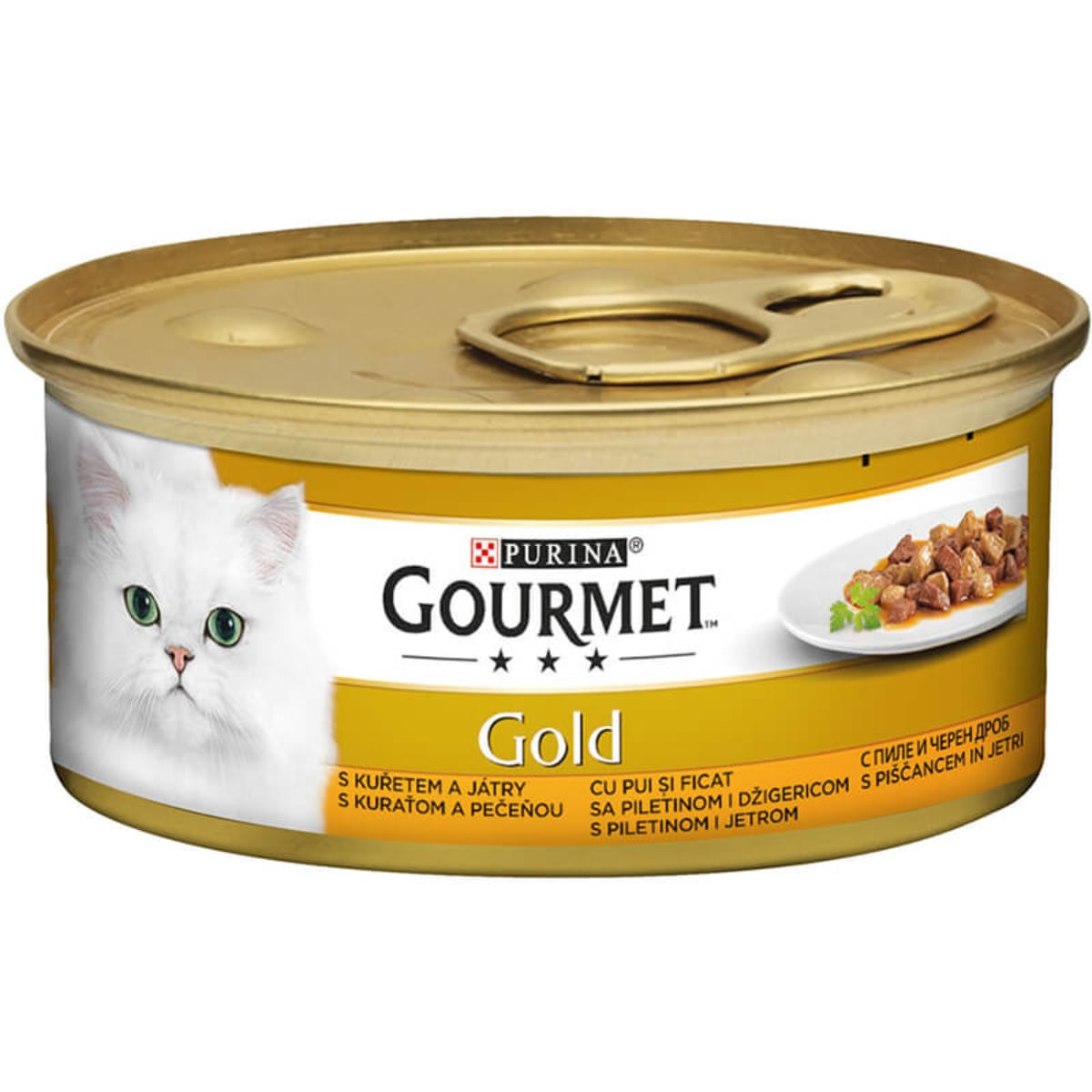 PURINA Gourmet Gold, Pui și Ficat, conservă hrană umedă pisici, (bucăti în sos), 85g