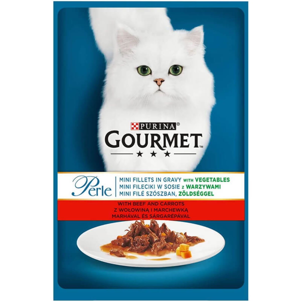 PURINA Gourmet Perle, Vită, Morcovi și Legume, plic hrană umedă pisici, (în sos), 85g