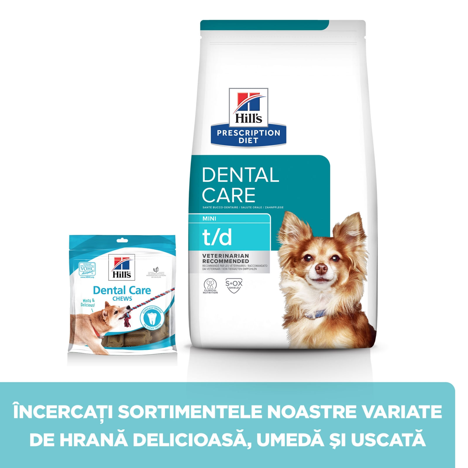 HILL&#039;S Prescription Diet t/d Dental Care Mini, Pui, dietă veterinară câini, hrană uscată, sensibilități dentare, 3kg