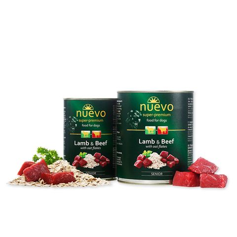 NUEVO Miel,Vită și Fulgi de Ovăz, XS-XL, conservă hrană umedă câini senior, (pate), 800g