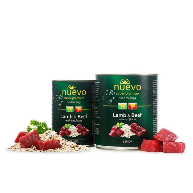 NUEVO Miel,Vită și Fulgi de Ovăz, XS-XL, conservă hrană umedă câini senior, (pate), 800g