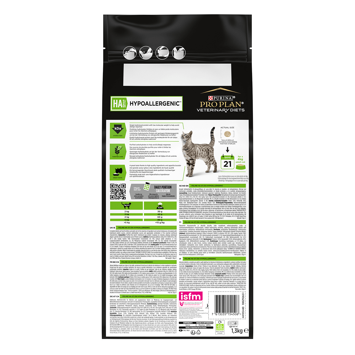 PURINA Pro Plan Veterinary Diets Hypoallergenic, dietă veterinară pisici, hrană uscată, afecțiuni digestive și dermatologice, 1.3kg