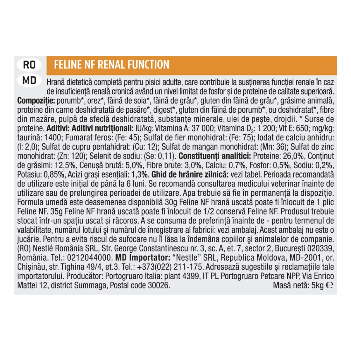 PURINA Pro Plan Veterinary Diets Renal Function, dietă veterinară pisici, hrană uscată, afecțiuni renale, 5kg