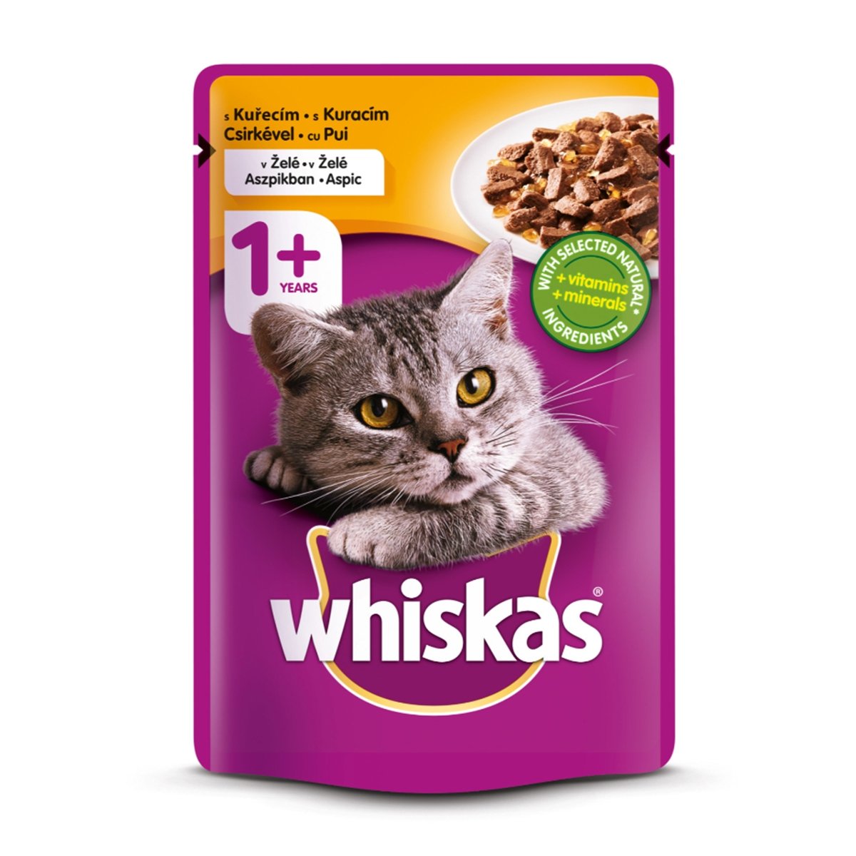 WHISKAS Adult, Pui, hrană umedă pisici, (în aspic) WHISKAS Adult, Pui, plic hrană umedă pisici, (în aspic), 100g