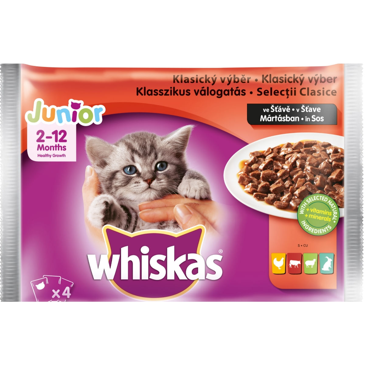 WHISKAS Selecții Clasice Junior, 4 arome, pachet mixt, plic hrană umedă pisici junior, (în sos), 100g x 4 - 1 | YEO