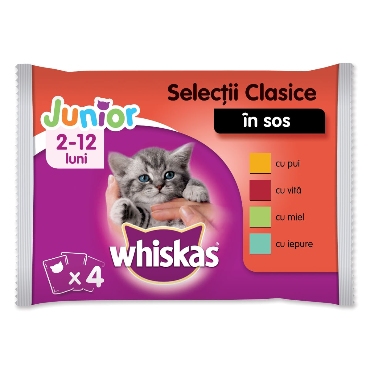 WHISKAS Selecții Clasice Junior, 4 arome, pachet mixt, plic hrană umedă pisici junior, (în sos), 100g x 4 - 2 | YEO