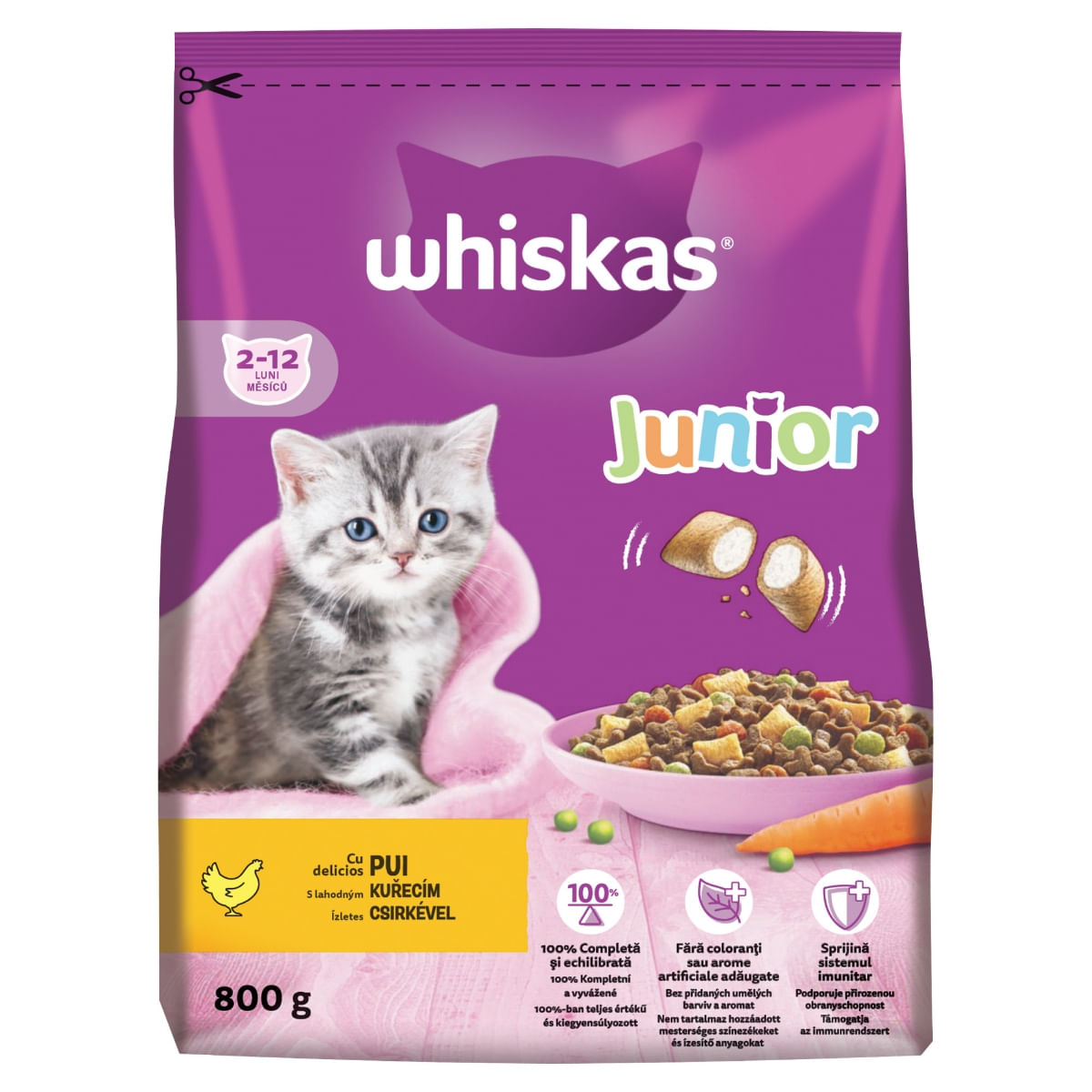 WHISKAS Junior, Pui, hrană uscată pisici junior, 800g