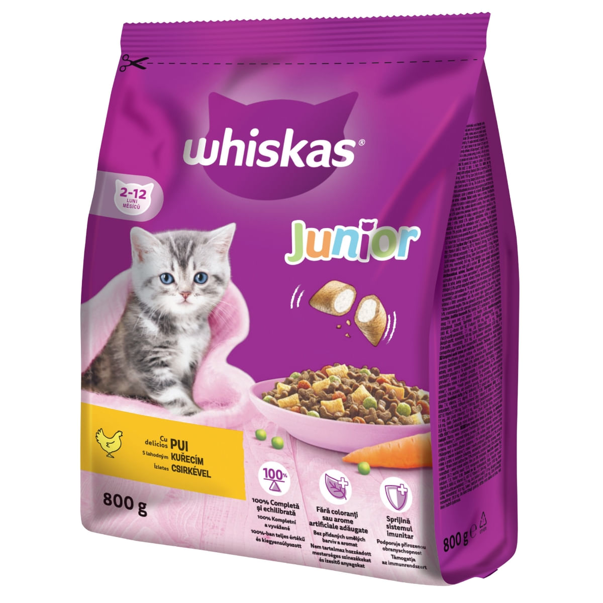 WHISKAS Junior, Pui, hrană uscată pisici junior, 800g