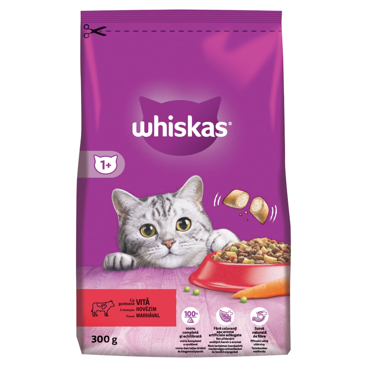 WHISKAS Adult, Vită, hrană uscată pisici, 300g - 1 | YEO