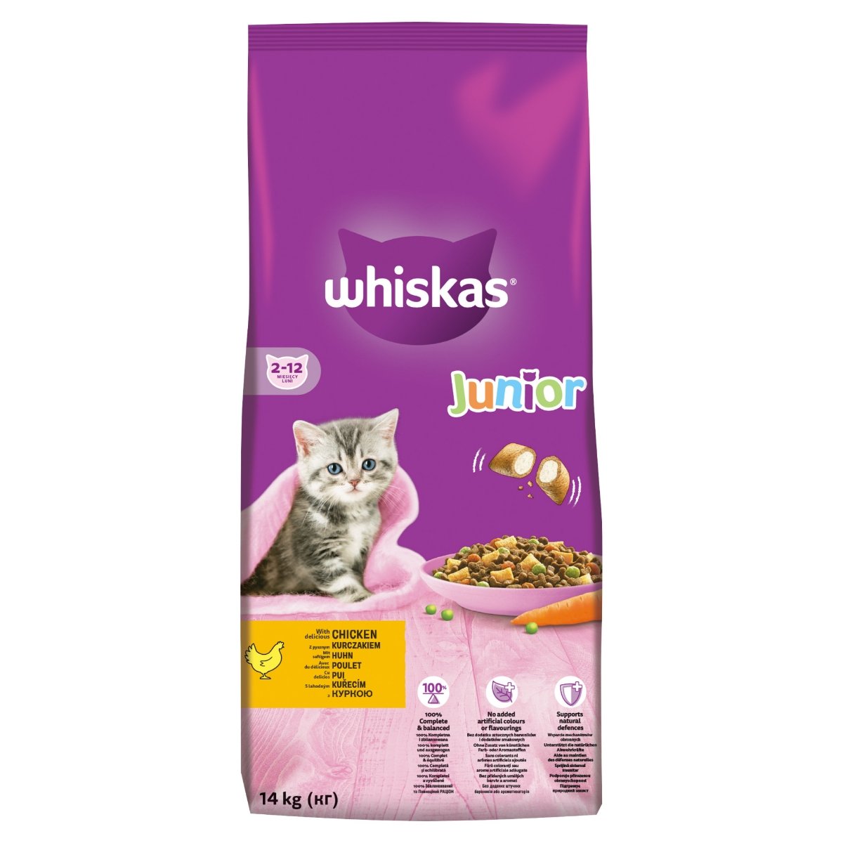 WHISKAS Junior, Pui, hrană uscată pisici junior, 14kg
