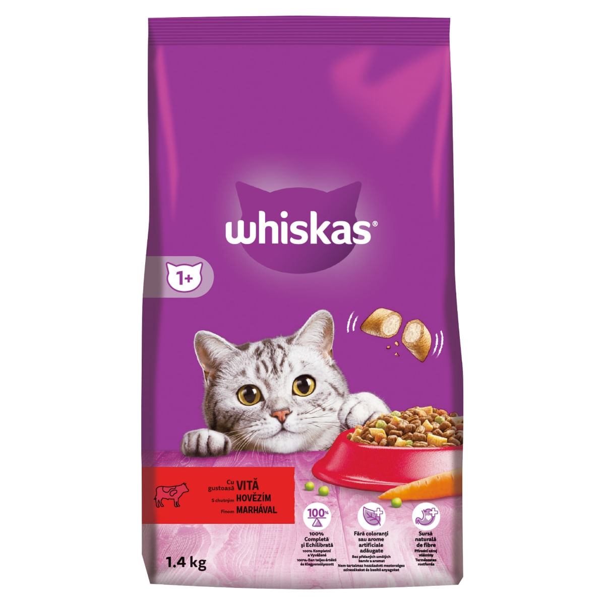 WHISKAS Adult, Vită, hrană uscată pisici, 1.4kg