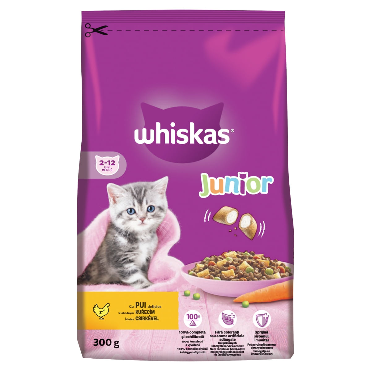 WHISKAS Junior, Pui, hrană uscată pisici junior, 300g