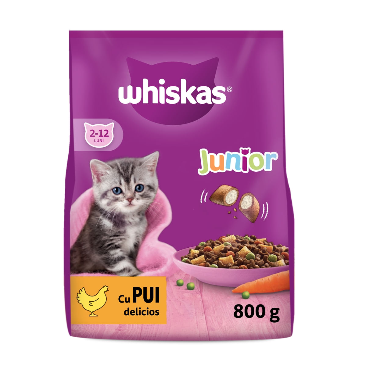 WHISKAS Junior, Pui, hrană uscată pisici junior, 800g