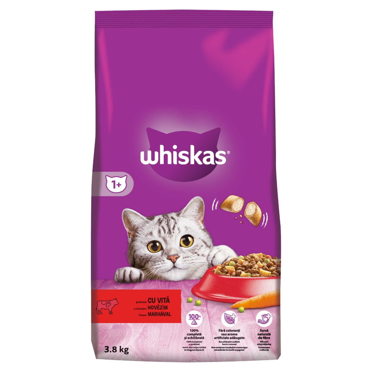 WHISKAS Adult, Vită, hrană uscată pisici, 3.8kg