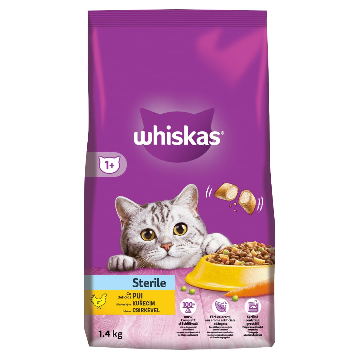 WHISKAS Adult Sterile, Pui, hrană uscată pisici sterilizate, 1.4kg