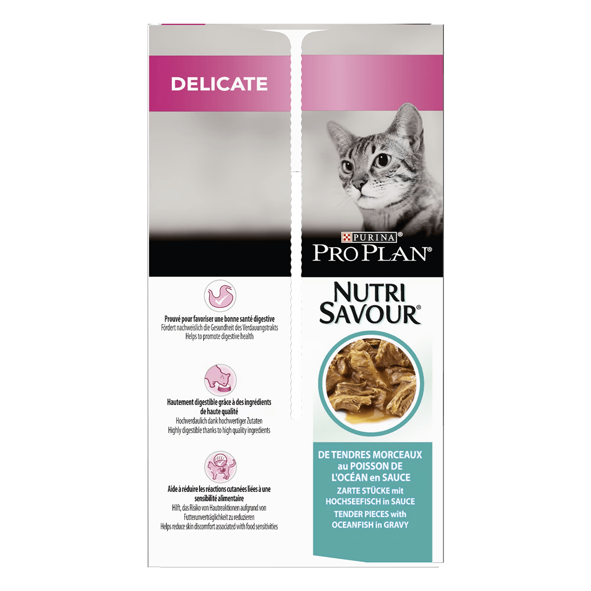 PURINA Pro Plan Delicate Nutrisavour, Pește oceanic, hrană umedă pisici, sensibilități digestive, (în sos) PURINA Pro Plan Delicate Nutrisavour, Pește oceanic, pachet economic plic hrană umedă pisici, sensibilități digestive, (în sos), 85g x 10 - 2 | YEO