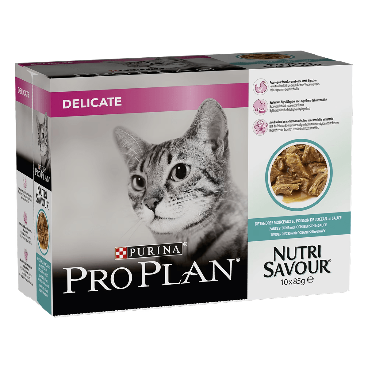 PURINA Pro Plan Delicate Nutrisavour, Pește oceanic, hrană umedă pisici, sensibilități digestive, (în sos) PURINA Pro Plan Delicate Nutrisavour, Pește oceanic, pachet economic plic hrană umedă pisici, sensibilități digestive, (în sos), 85g x 10 - 3 | YEO