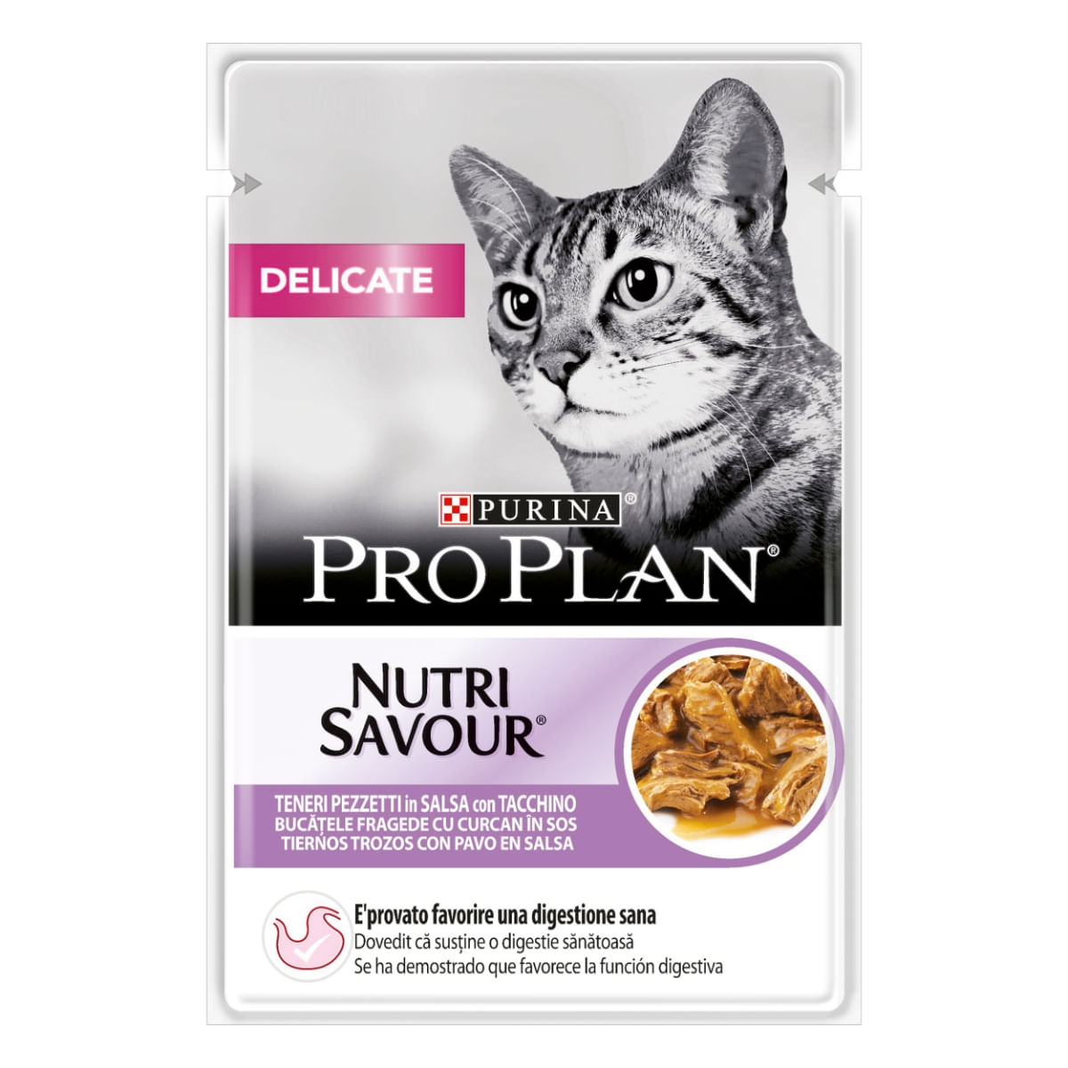 PURINA Pro Plan Delicate Nutrisavour, Curcan, hrană umedă pisici, sensibilități digestive, (în sos) PURINA Pro Plan Delicate Nutrisavour, Curcan, plic hrană umedă pisici, sensibilități digestive, (în sos), 85g