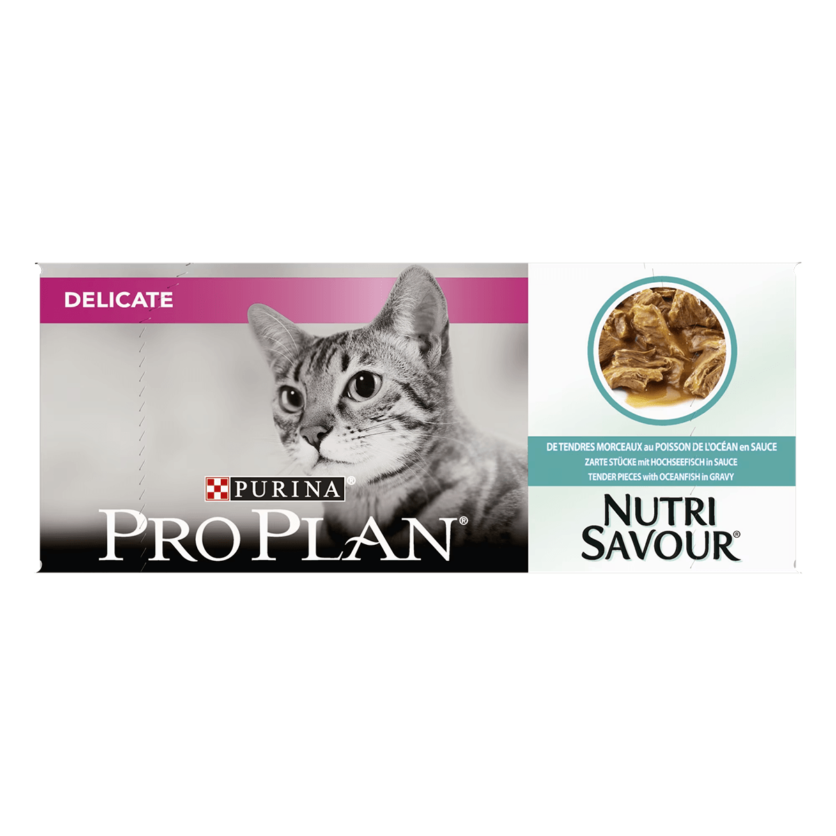 PURINA Pro Plan Delicate Nutrisavour, Pește oceanic, hrană umedă pisici, sensibilități digestive, (în sos) PURINA Pro Plan Delicate Nutrisavour, Pește oceanic, pachet economic plic hrană umedă pisici, sensibilități digestive, (în sos), 85g x 10