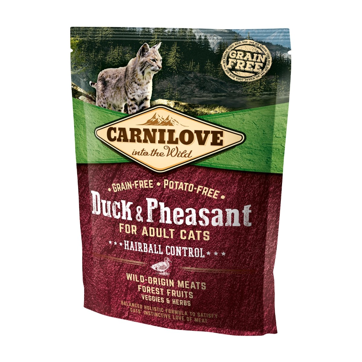 CARNILOVE Hairball Control, Rață și Fazan, hrană uscată fără cereale pisici, limitarea ghemurilor de blană, 400g - 1 | YEO