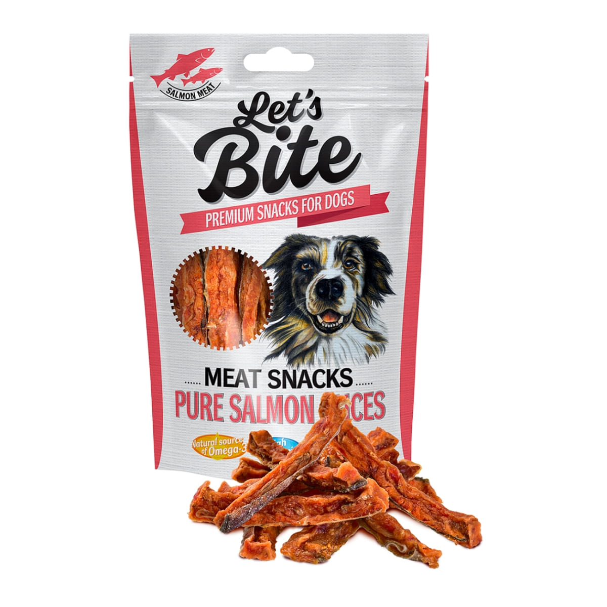 BRIT Let\'s Bite Meat Snacks Salmon Slices, Somon, recompense monoproteice fără cereale câini, fâșii de carne, 80g