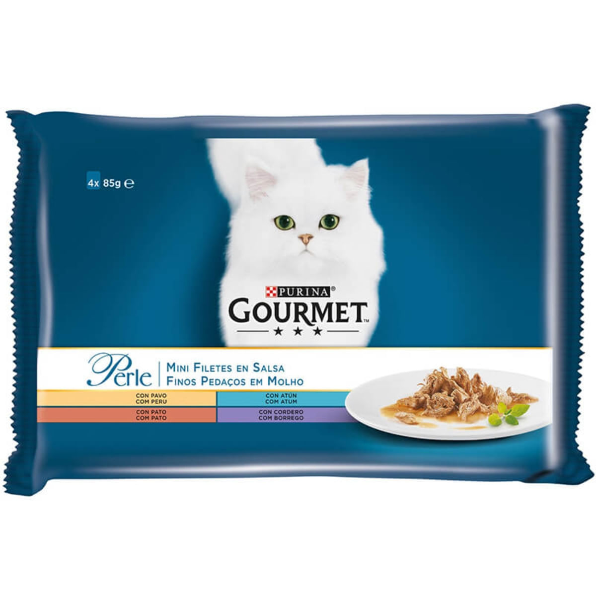 PURINA Gourmet Perle, 4 arome (Miel, Rață, Ton, Curcan), pachet mixt, plic hrană umedă pisici, (în sos), 85g x 4