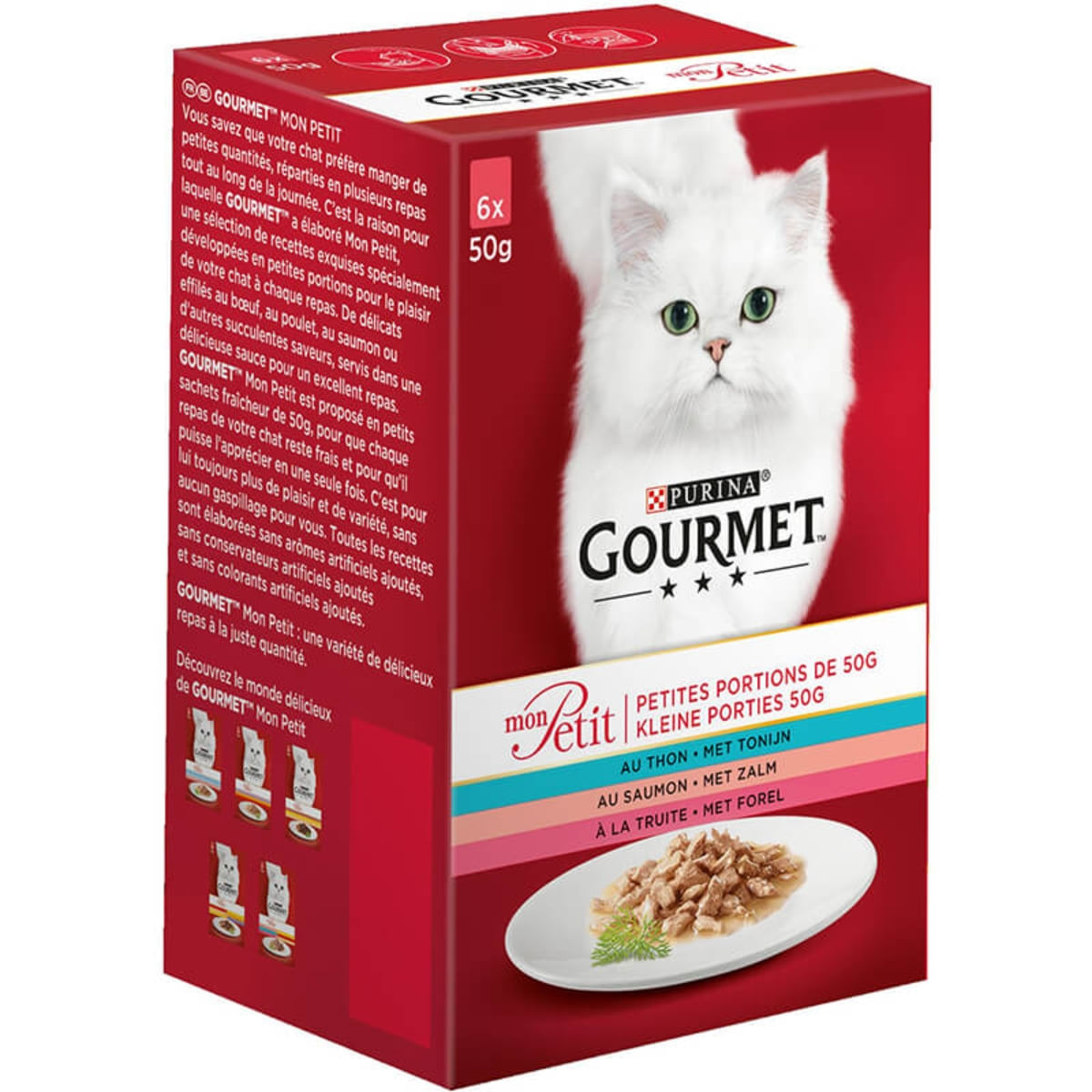 PURINA Gourmet Mon Petit, 3 arome (Somon, Ton, Păstrăv), pachet mixt, plic hrană umedă pisici, (în sos), 50g x 6