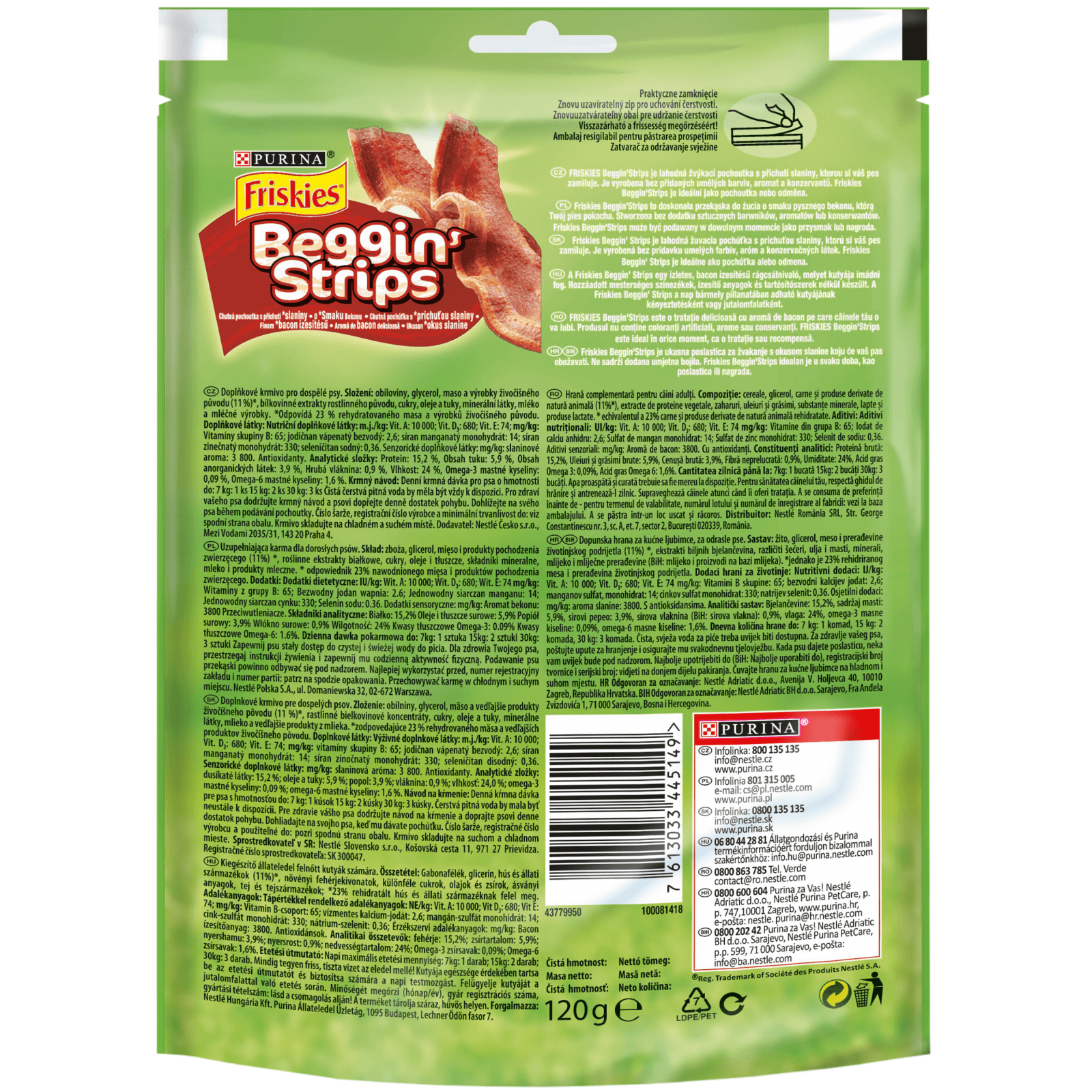 PURINA Friskies Beggin&#039; Strips, Vită, recompense câini, fâșii, 120g