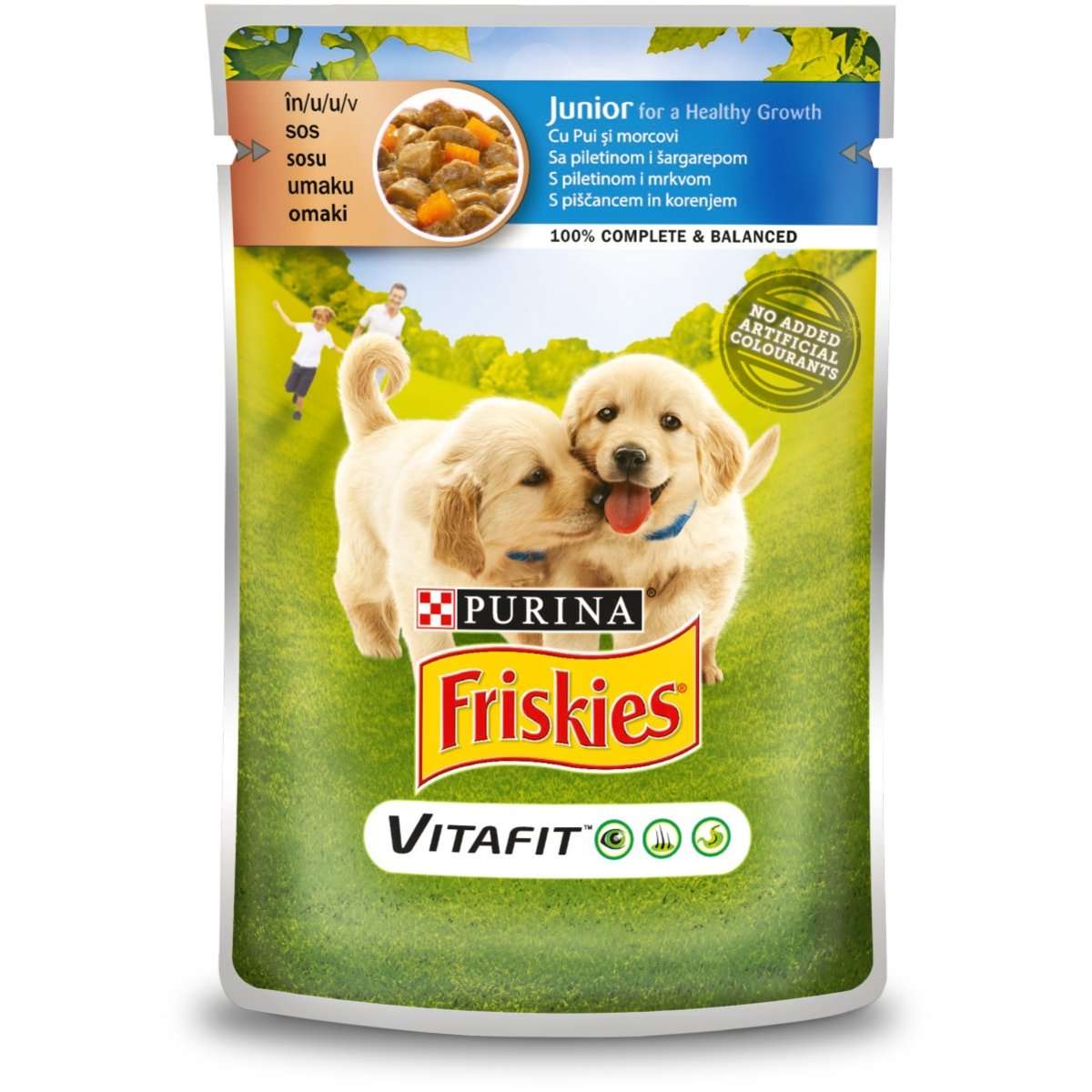 PURINA Friskies Junior, Pui cu Morcov, plic hrană umedă câini, (în sos), 100g