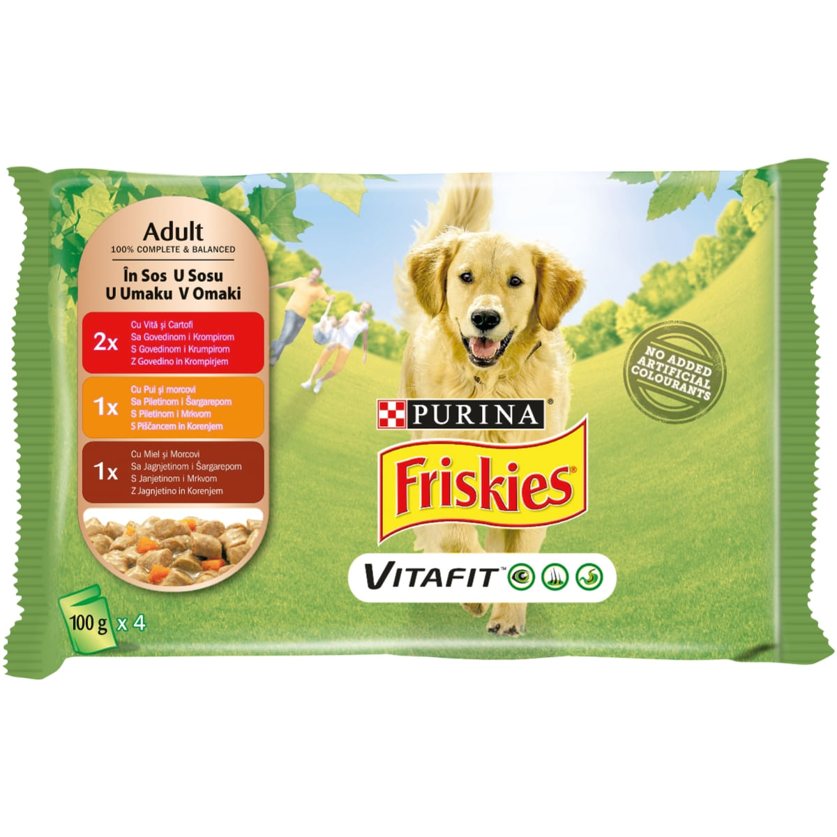 PURINA Friskies Adult, 3 arome (Vită cu Cartofi, Pui cu Morcov, Miel cu Morcov), pachet mixt, plic hrană umedă câini, (în sos), 100g x 4 - 2 | YEO