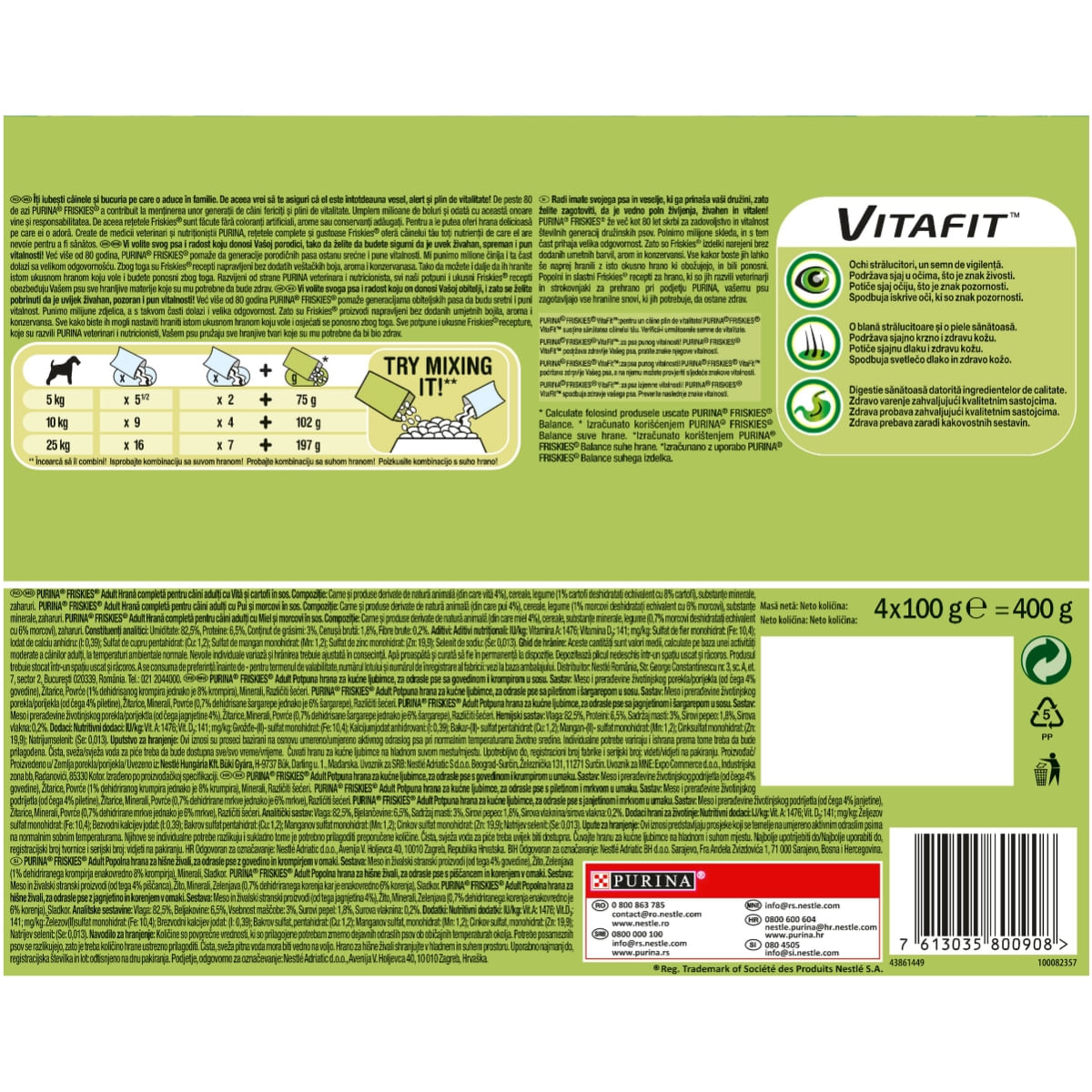 PURINA Friskies Adult, 3 arome (Vită cu Cartofi, Pui cu Morcov, Miel cu Morcov), pachet mixt, plic hrană umedă câini, (în sos), 100g x 4