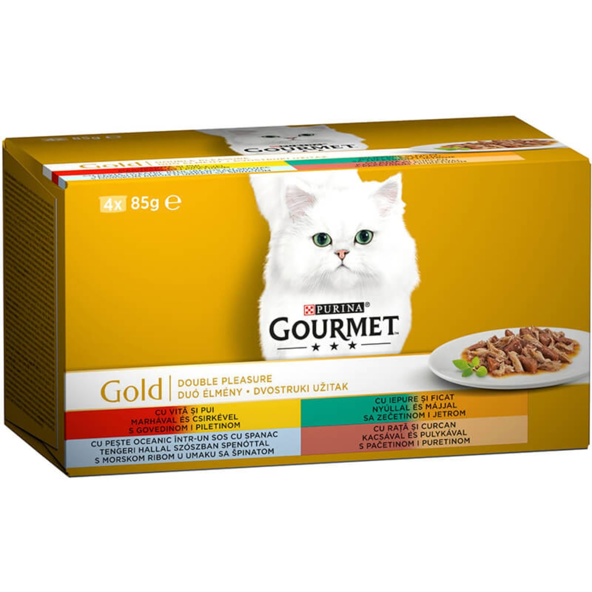 PURINA Gourmet Gold, 4 arome(Vită și Pui, Rață și Curcan, Pește cu Spanac, Iepure și Ficat), multipack, conservă hrană umedă pisici, (în sos), 85g x 4