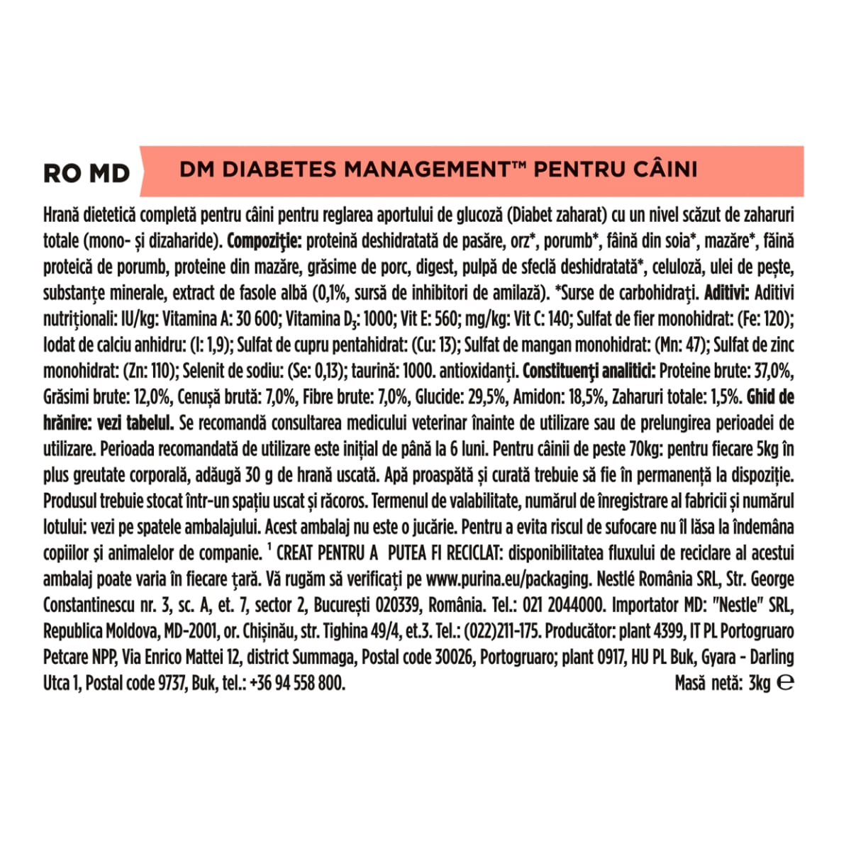 PURINA Pro Plan Veterinary Diets  Diabetes Management, dietă veterinară câini, hrană uscată, controlul glucozei, 3kg