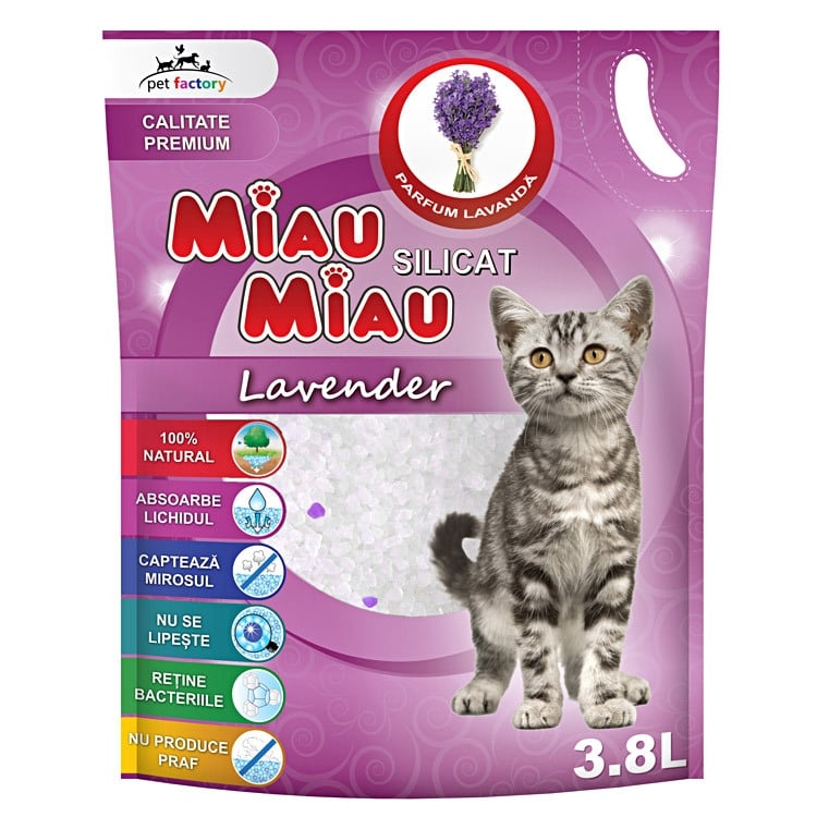 MIAU MIAU, Lavanda, așternut igienic pisici, granule, silicat, neaglomerant, neutralizare mirosuri, 3.8l - 1 | YEO