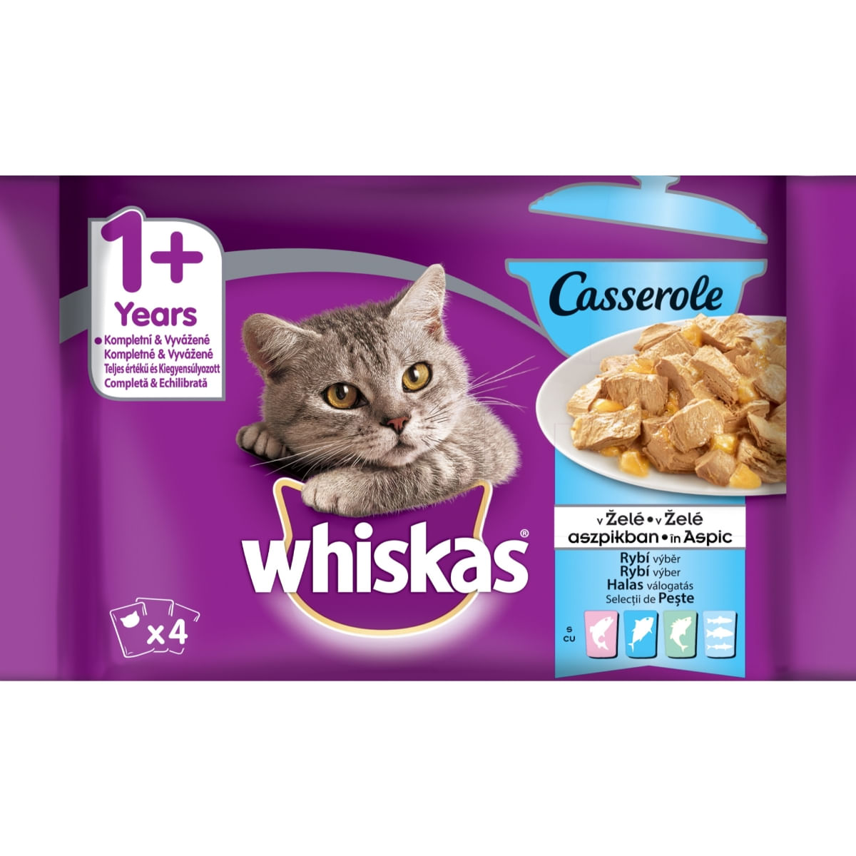 WHISKAS Casserole Selecții Pește, 4 arome, pachet mixt, plic hrană umedă pisici, (în aspic), 85g x 4 - 1 | YEO