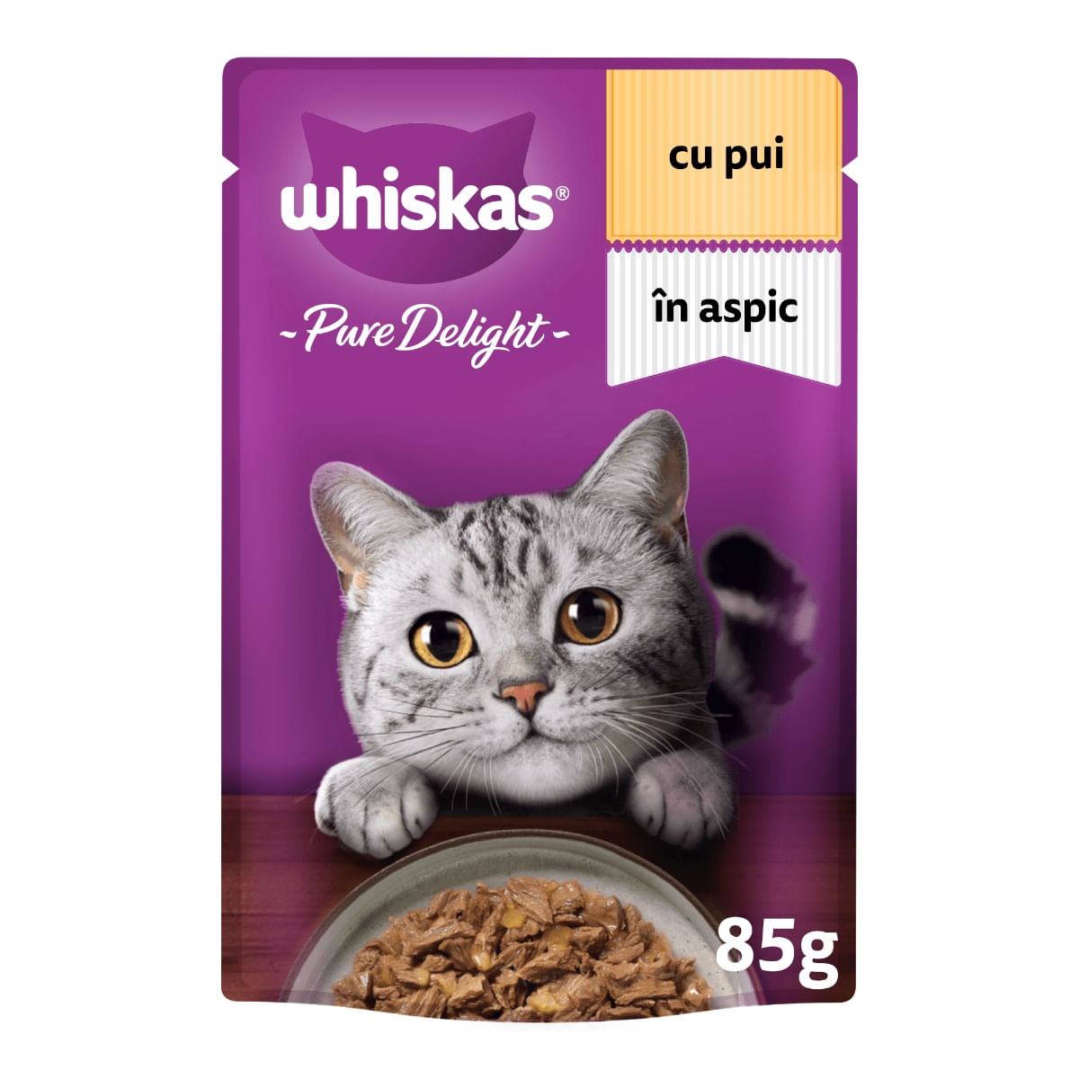 WHISKAS Pure Delight, Pui, plic hrană umedă pisici, (în aspic), 85g