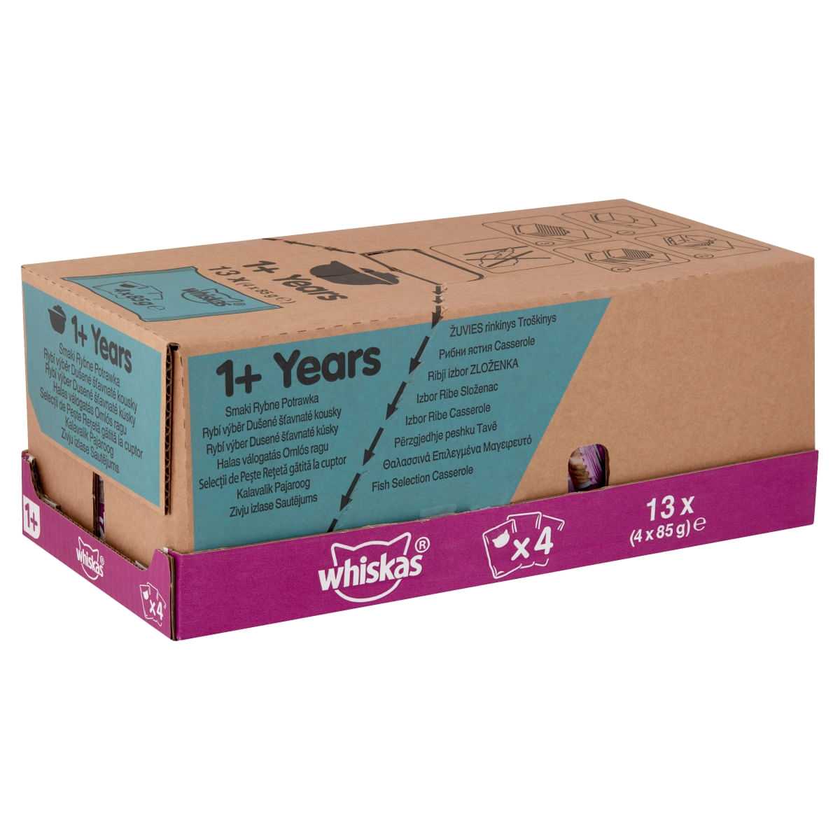 WHISKAS Casserole Selecții Pește, 4 arome, pachet mixt, plic hrană umedă pisici, (în aspic), 85g x 4 - 3 | YEO