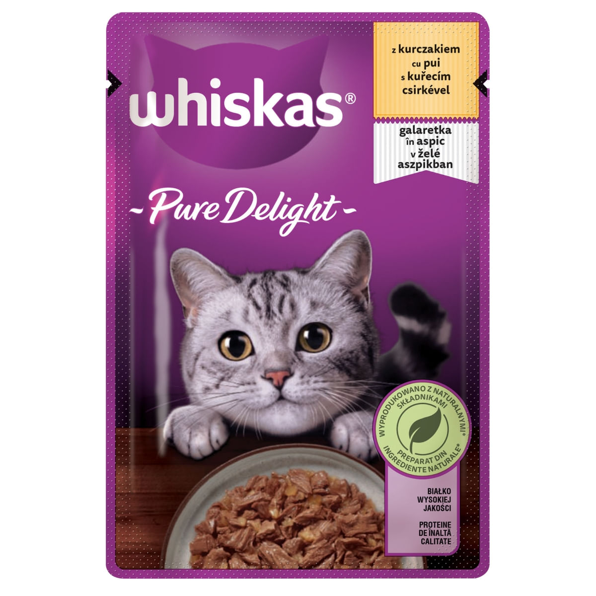 WHISKAS Pure Delight, Pui, plic hrană umedă pisici, (în aspic), 85g
