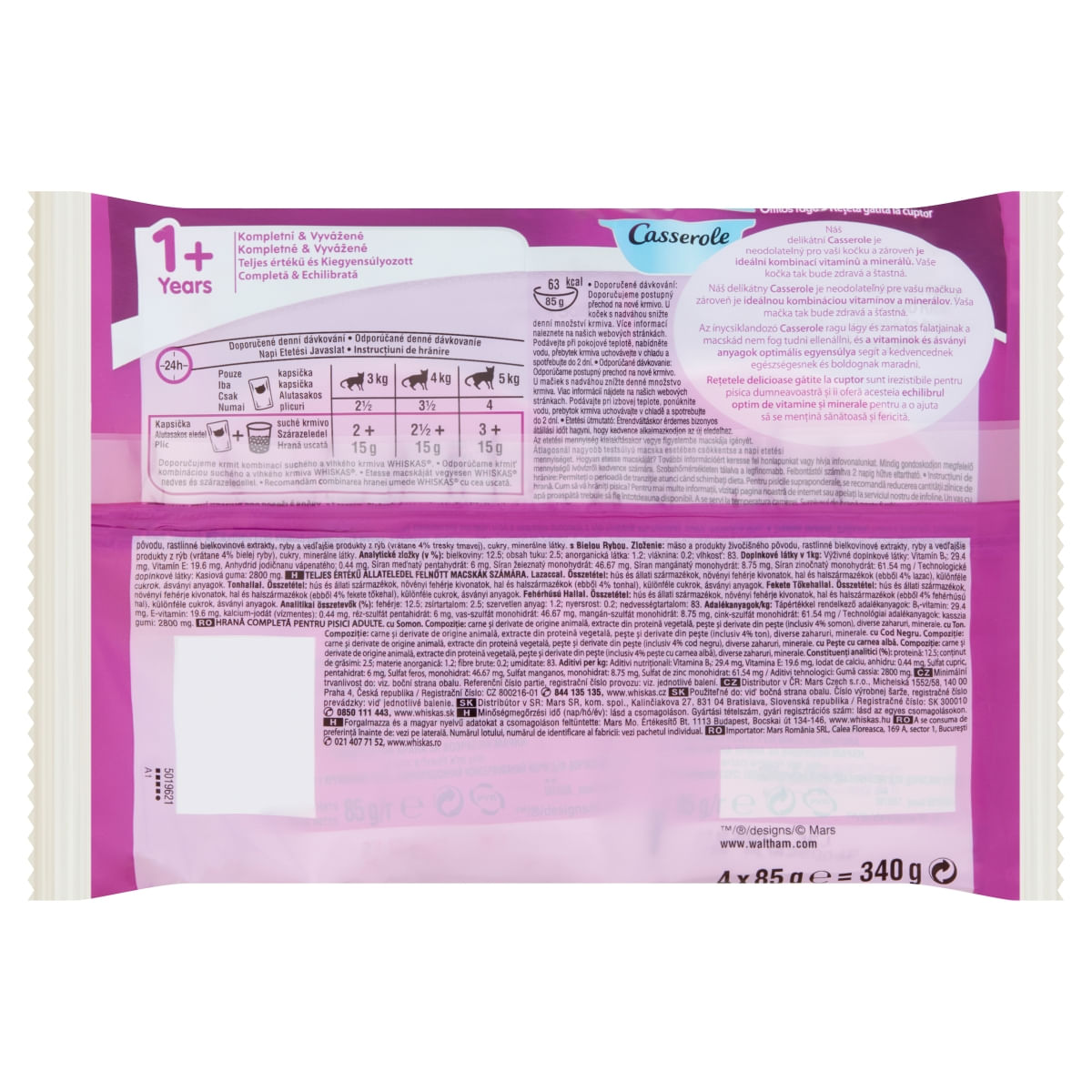 WHISKAS Casserole Selecții Pește, 4 arome, pachet mixt, plic hrană umedă pisici, (în aspic), 85g x 4
