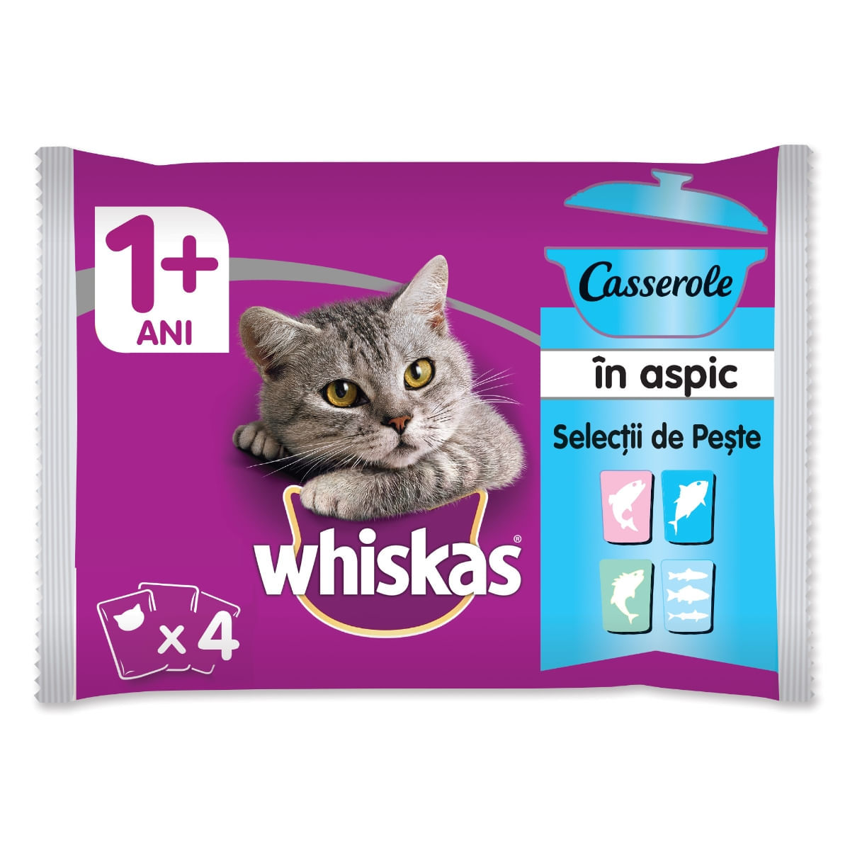 WHISKAS Casserole Selecții Pește, 4 arome, pachet mixt, plic hrană umedă pisici, (în aspic), 85g x 4