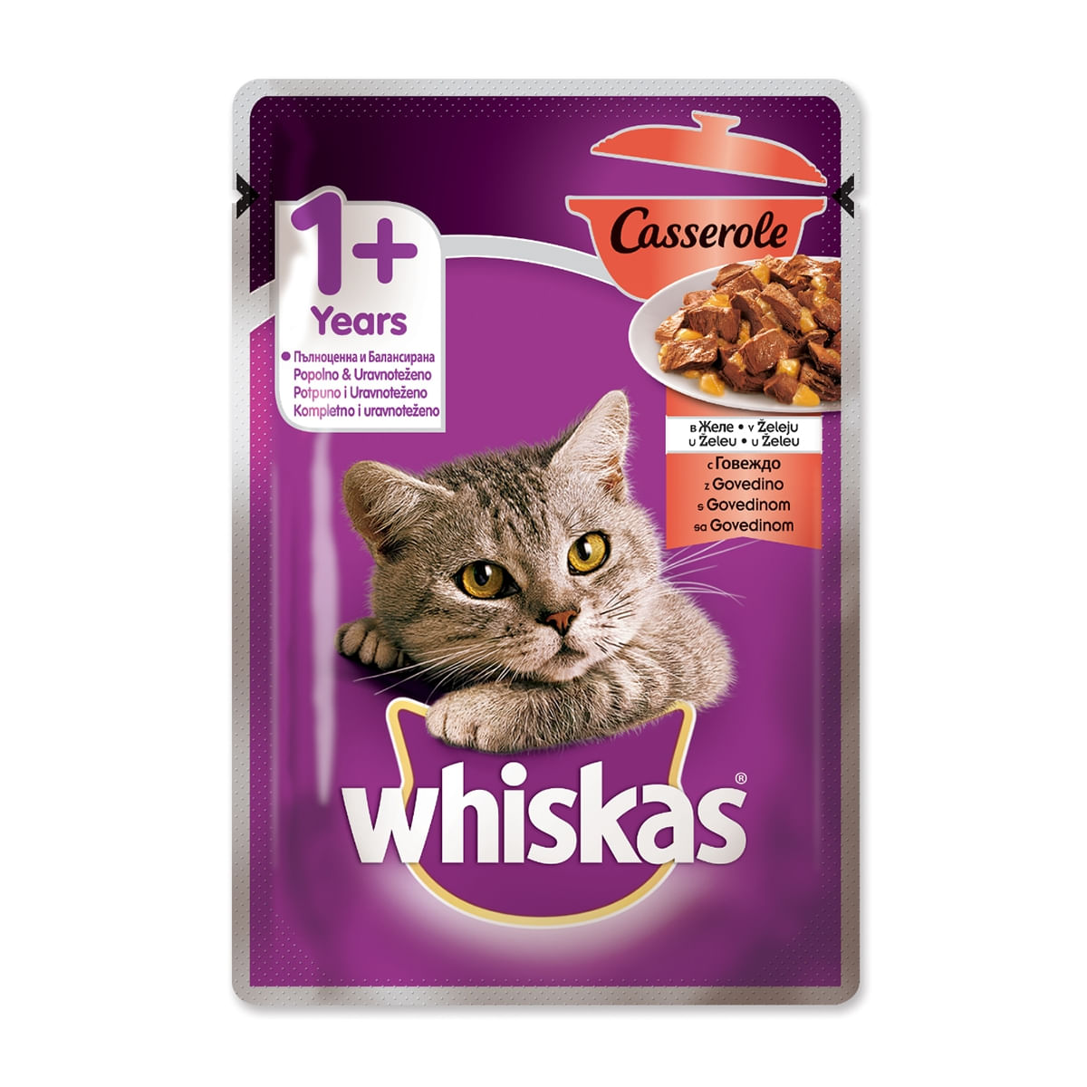 WHISKAS Casserole, Vită, hrană umedă pisici, (în aspic) WHISKAS Casserole, Vită, plic hrană umedă pisici, (în aspic), 85g - 1 | YEO