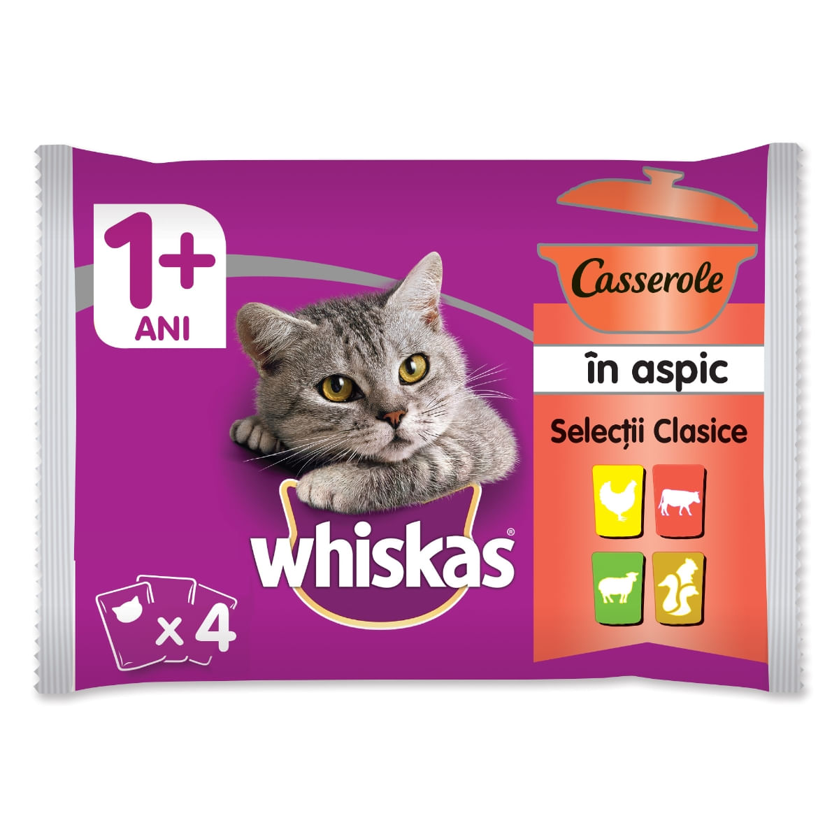 WHISKAS Casserole Selecții Clasice, 4 arome, pachet mixt, plic hrană umedă pisici, (în aspic), 85g x 4 - 2 | YEO