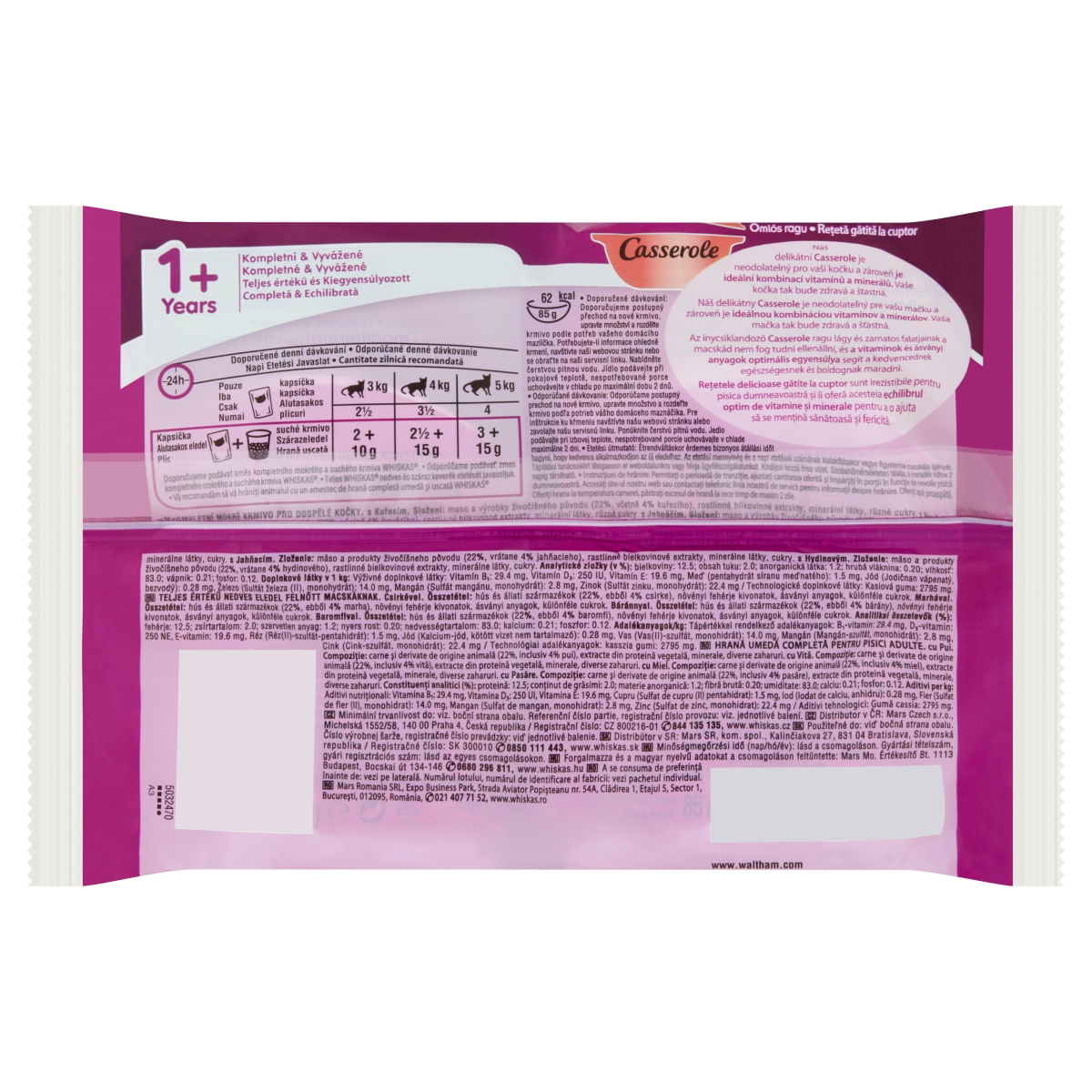 WHISKAS Casserole Selecții Clasice, 4 arome, pachet mixt, plic hrană umedă pisici, (în aspic), 85g x 4