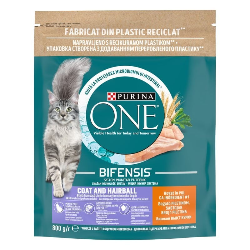 PURINA One Coat & Hairball, Pui, hrană uscată pisici, limitarea ghemurilor de blană, 800g - 3 | YEO