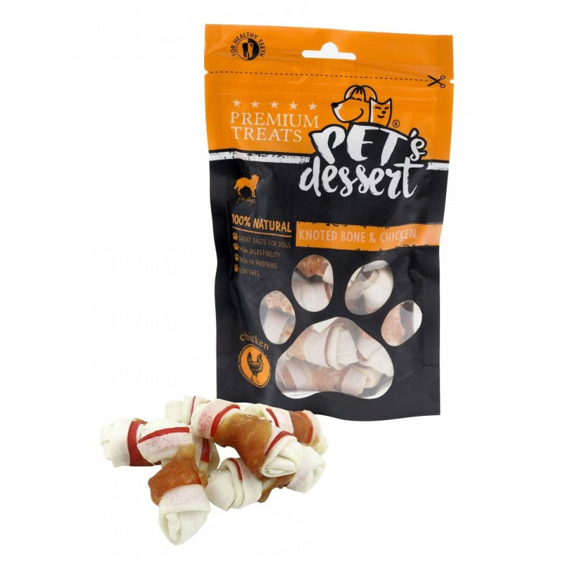 PET\'S DESSERT Knoted Bone & Chicken, XS-XL, Pui, punguță recompense fără cereale câini, 500g